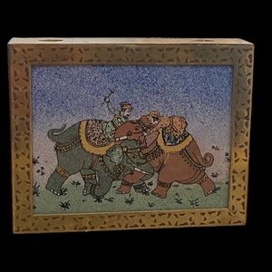 Vintage Indian artwork, wood & brass,  pen & notepad holder